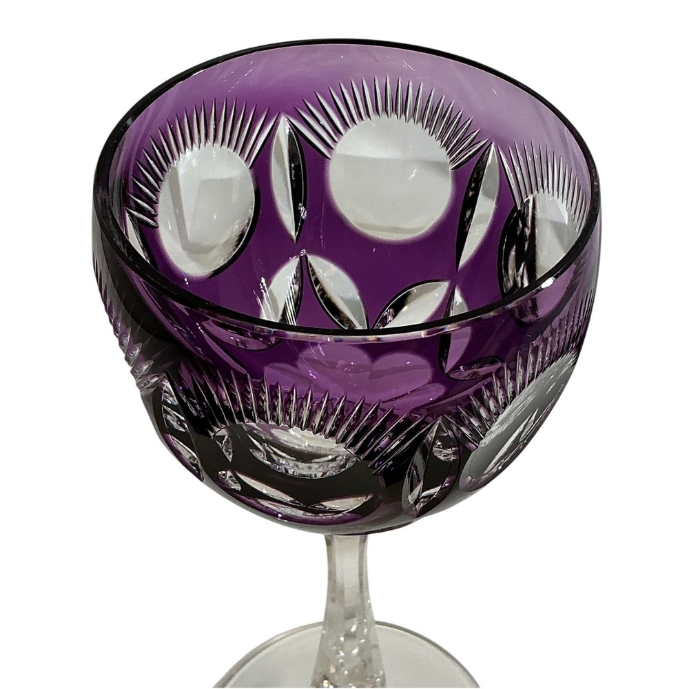 Vintage BOHO Amethyst Purple Cut to Clear Crystal Wine Goblet Faceted Stem 8.25" - Picture 6 of 11